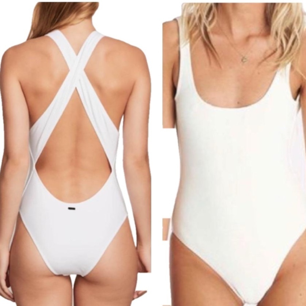 NWOT Volcom Fresh Ink One Piece Swimsuit Lg White Solid Full Coverage High Cut